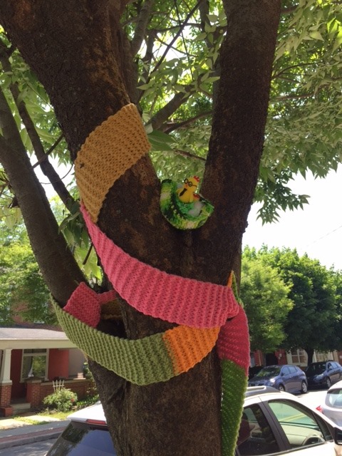 yarn tree scarf and knit nest with bird